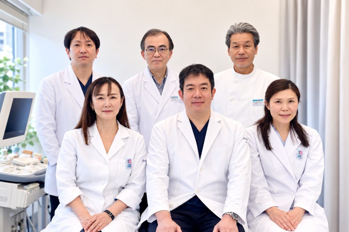 写真上段左から、杉本消化器内科部長、小林内視鏡センター長、 中元理事長 
下段左から遠藤画像診断センター部長、 山田院長、寺崎放射線科医長 